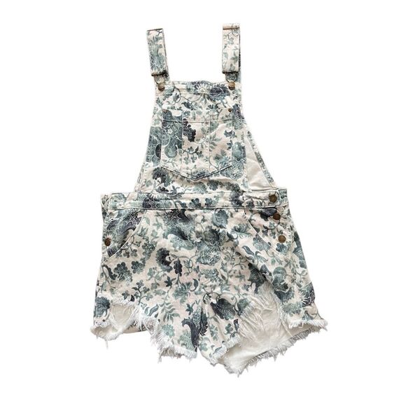 Anthropologie Pilcro Denim Floral 90s Distressed Overall Shorts Romper - Picture 1 of 5